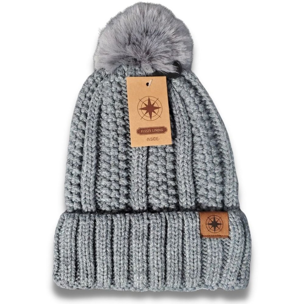 C.C. Accessories Women's Grey Knitted Beanie Hat With Fuzzy Lining & Pom